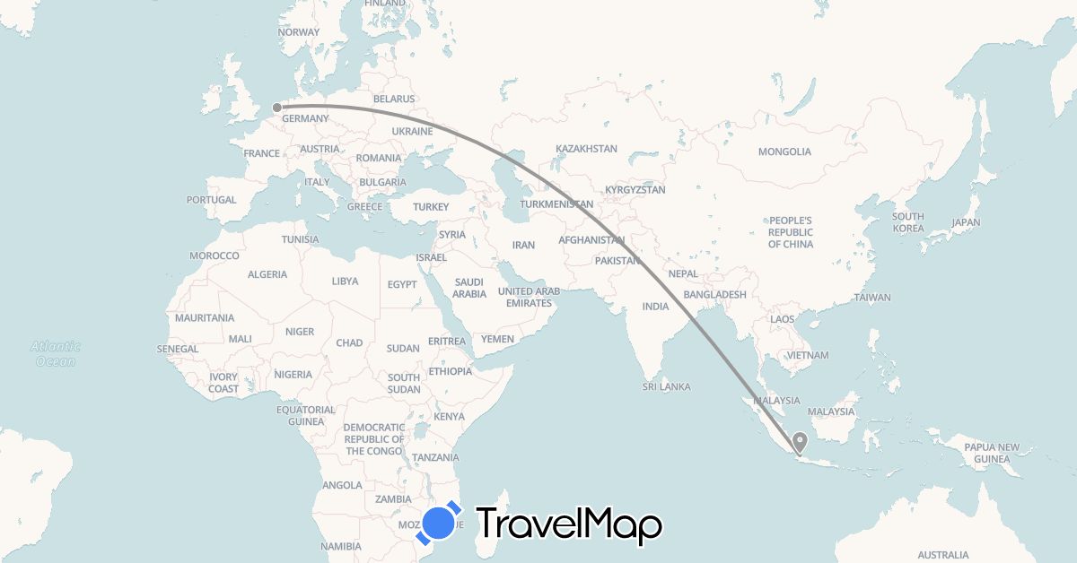 TravelMap itinerary: driving, plane in Indonesia, Netherlands (Asia, Europe)